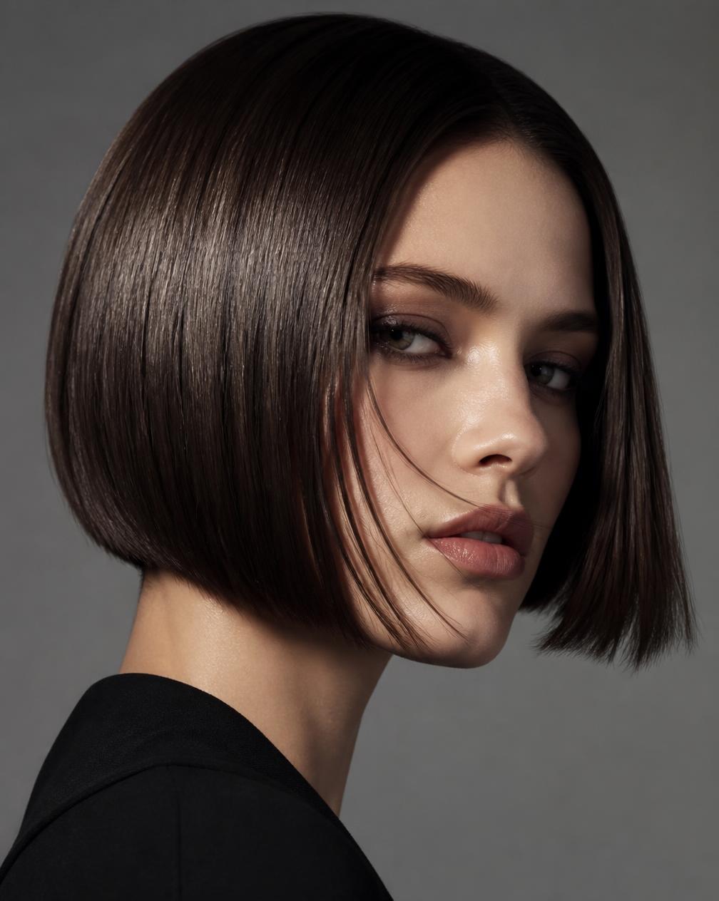 Precision blunt bob cut styled to a glass finish